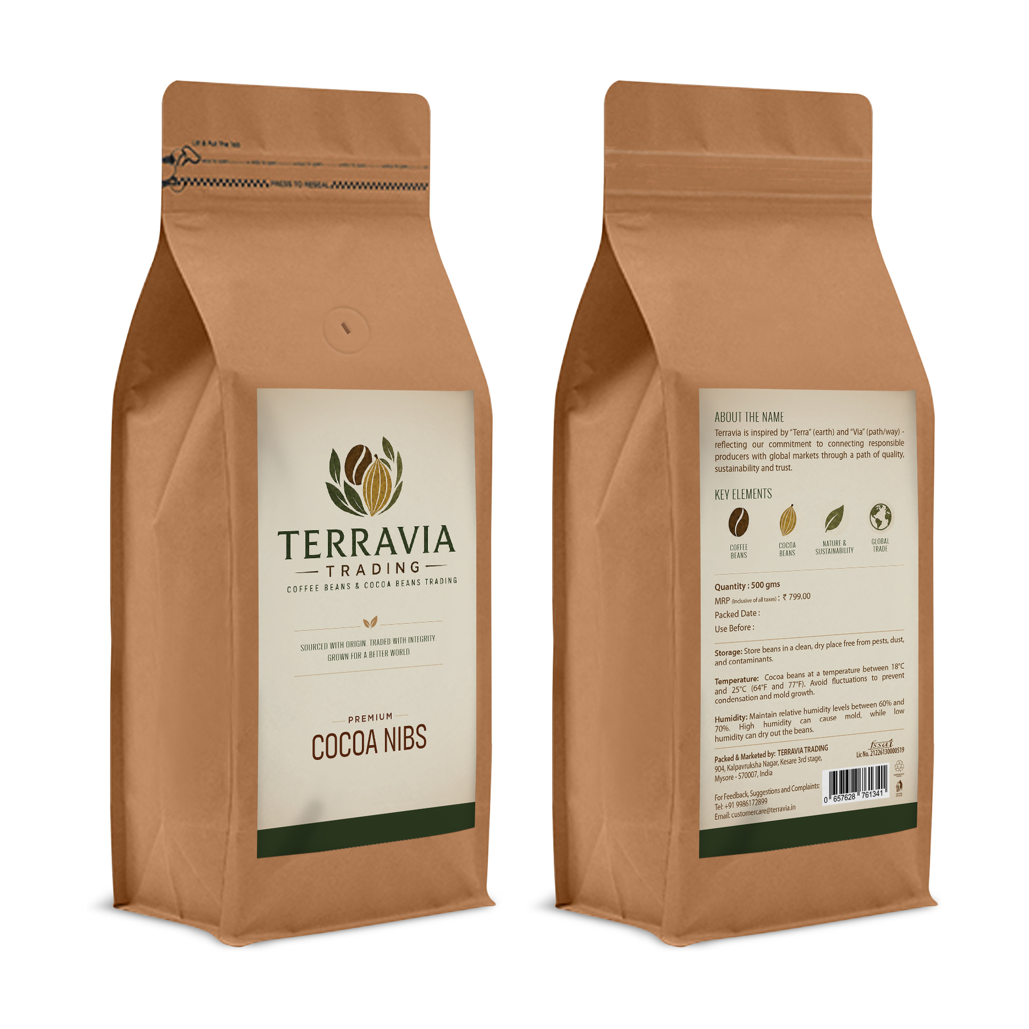 Terravia premium cocoa nibs packaging, front and back
